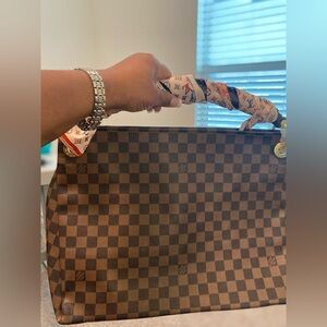 Brown Checkered Tote Bag with scarf Handle Wrap